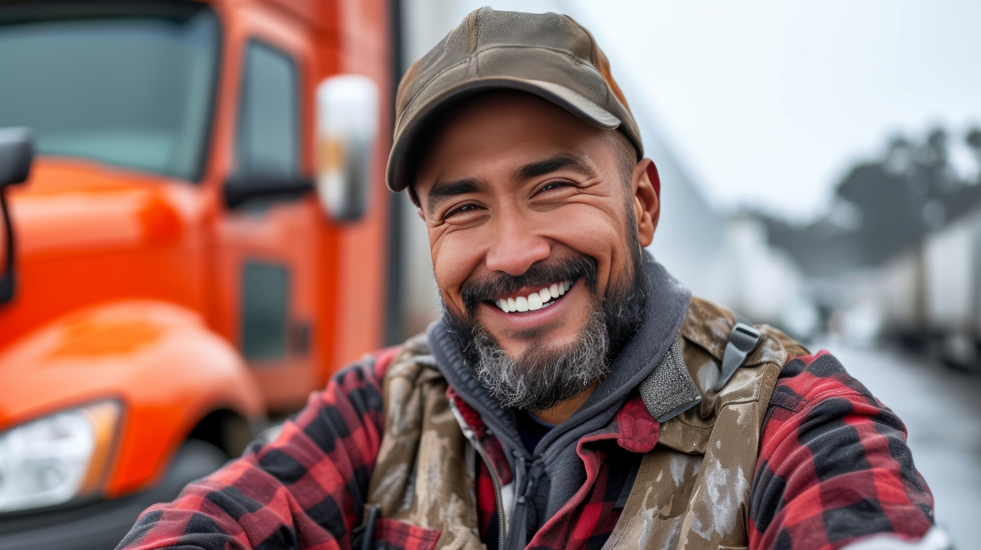 Truck driver smiling in front of truck